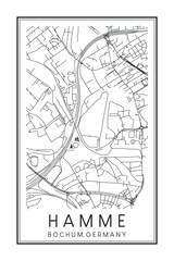 Hand drawn printable downtown road map poster of borough HAMME of the German city of BOCHUM on solid white background with city name