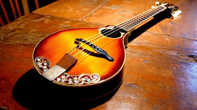 Acoustic mandolin rests on a textured wooden table, illuminated by warm light emphasizing its musical instrument craftsmanship and ornamentation.