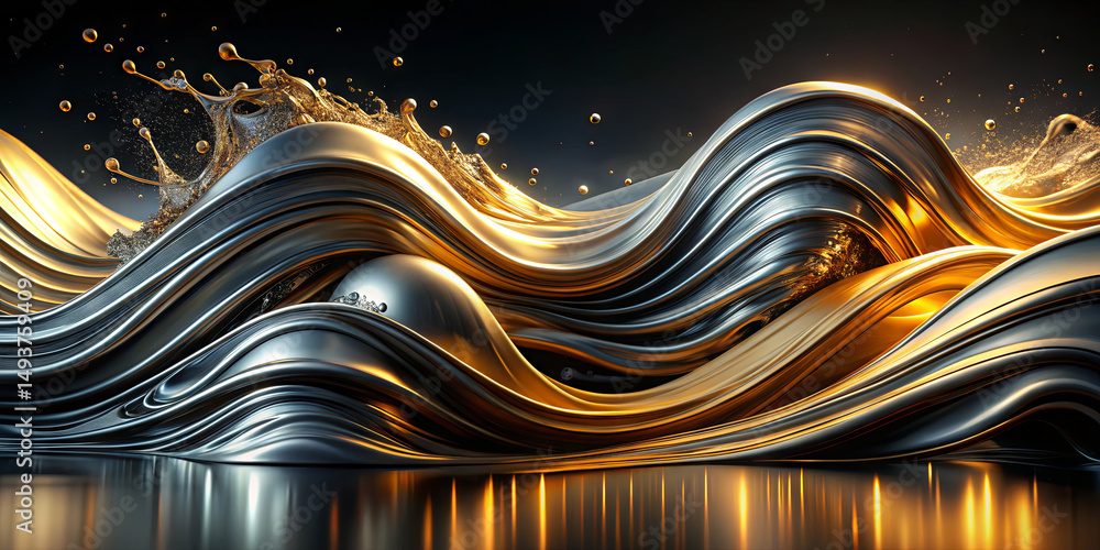 Poster flowing waves of polished metal intertwine with splashes of liquid gold, reflecting light and creati