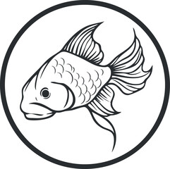 Black and white line art illustration of a goldfish inside a circular frame depicting aquatic life and nature.