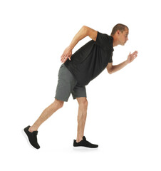 Man in sportswear running on white background