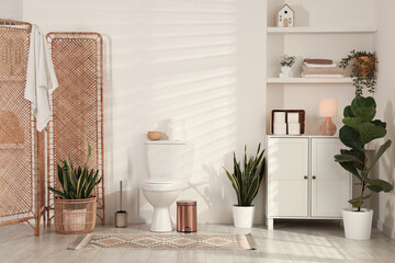 Ceramic toilet bowl, houseplants and necessities in restroom