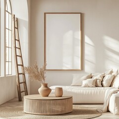 Beige minimalist living room with wooden furniture, a large framed poster, and pampas grass