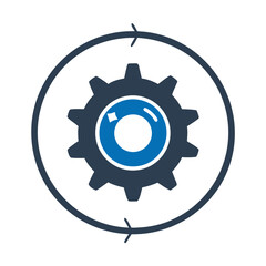 Dark blue gear inside two directional circular arrows