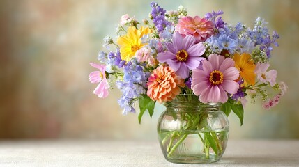   A vase filled with colorful flowers on a white table, adjacent to a blurry background