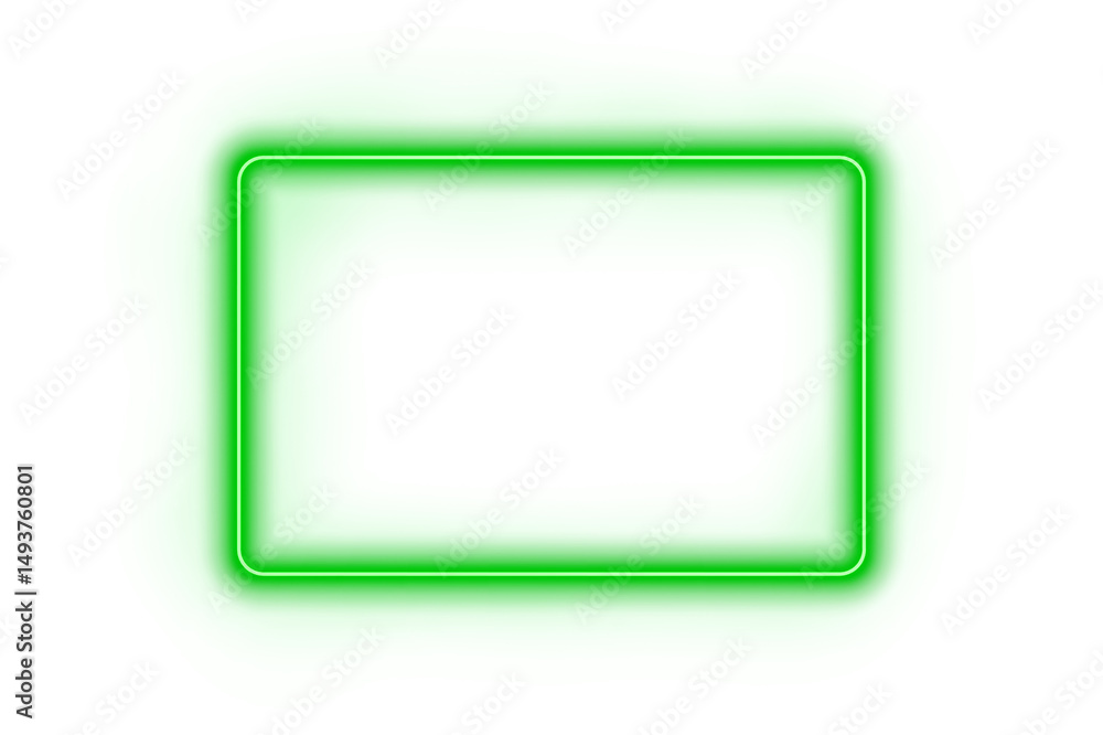 Poster neon glow frame green rectangle on transparent background with illuminated border and empty dark cen