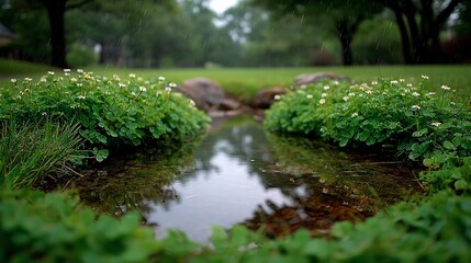 Serene rainy pond with clover margins