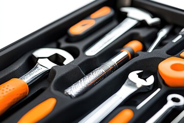 Fototapeta premium A close-up of an open toolbox showing various tools, including a hammer, screwdriver, and wrench