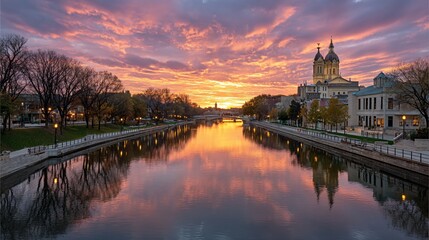 Fototapeta premium Serene river reflects vibrant sunset cityscape