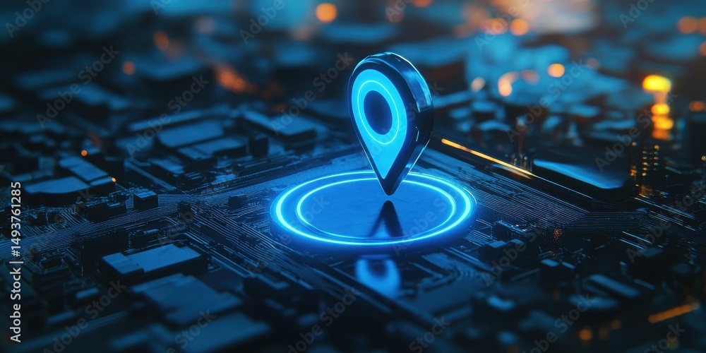 Poster 3d icon of blue location pin: symbolizing gps navigation and travel directions on a dynamic map back