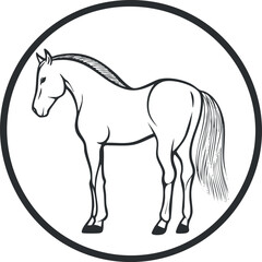 Obraz premium Black and white line drawing of a horse standing inside a circular frame with simple details