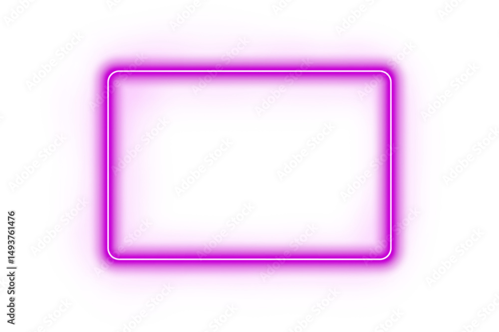 Poster neon glow frame purple rectangle on transparent background with illuminated border and empty dark ce