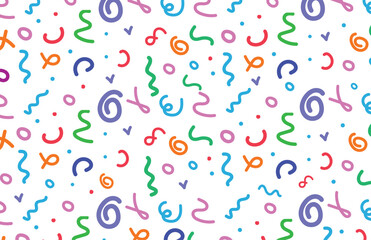 Memphis geometric seamless pattern. Abstract modern background with circles, curves, short rounded lines and dots. 
