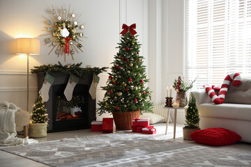 Cozy spacious room decorated for Christmas. Festive interior design