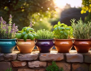 Bunte handgetöpferte Kräutertöpfe auf einer alten Steinmauer im Garten