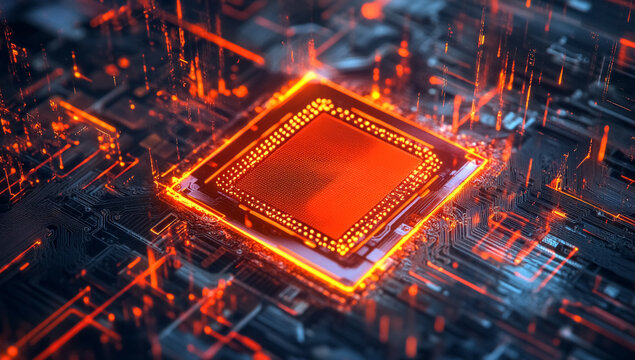 Glowing Red-Orange Computer Chip
