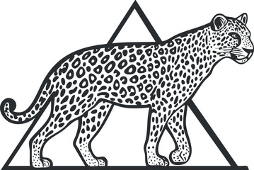 Naklejka premium Black and white illustration of a leopard walking in front of a triangular geometric shape