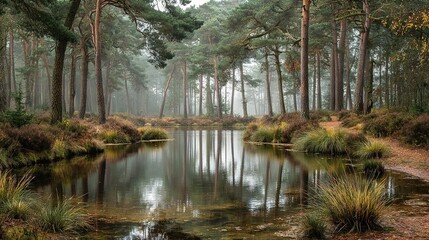 Obraz premium A lake encompassed by towering pines and lush meadows