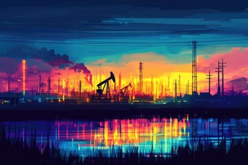 Colorful industrial landscape at sunset reflected in water