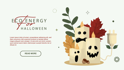 Eco Energy Halloween Banner with Sustainable Candle Decor. Environmental web banner featuring ghost-faced candles, promoting eco-friendly Halloween celebrations with enewable energy theme. Vector