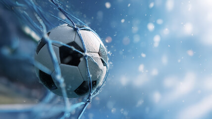Close-up of soccer ball hitting net in motion, dynamic action with water droplets, shot on blue background. Concept of scoring, goal, game energy, championship football, and speed.