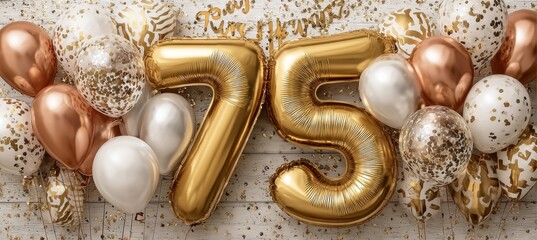 Golden Number 75 Balloons on a Wooden Background, 75th Birthday or Anniversary Celebration Backdrop