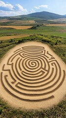 Aerial drone view of spiral crop circle in rural wheat farmland landscape