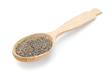 Aromatic ground black pepper in wooden spoon isolated on white