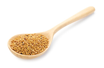 Aromatic mustard seeds in wooden spoon isolated on white