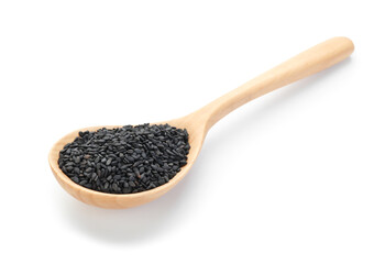 Aromatic black caraway in wooden spoon isolated on white