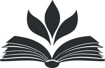 Illustration of an open book with leaves emerging symbolizing knowledge and growth in education and nature.