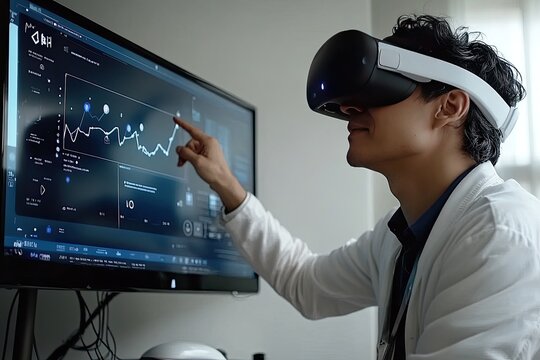 Person using VR headset and computer - Powered by Adobe