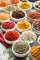 Different aromatic spices on grey table, above view