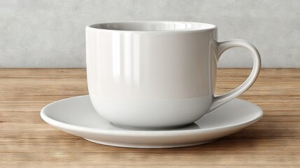 Fototapeta premium A white coffee cup rests atop a wooden table, with a saucer underneath and another saucer on top