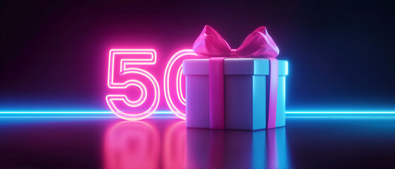 pink 50 number and three-dimensional gift box isolated over black background; concept of birthday, anniversary, fifty percent deal discount