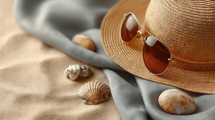  A straw hat, sunglasses, and seashells on a blue-white bed