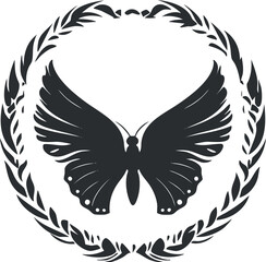 Obraz premium Black silhouette of a butterfly inside a laurel wreath circle, symbolizing nature and elegance