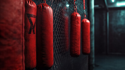 Red Boxing Gym with Punching Bags and Fence