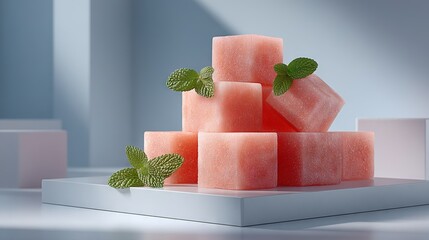   A white plate with watermelon cubes on top sits near a mint leaf
