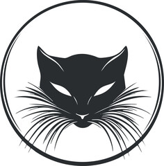 Obraz premium Black silhouette of a cat head with prominent whiskers inside a circular frame, minimal design