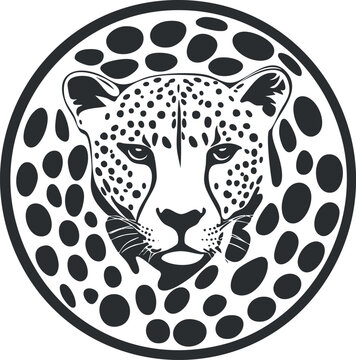Black and white stylized illustration of a leopard face with spots in circular pattern