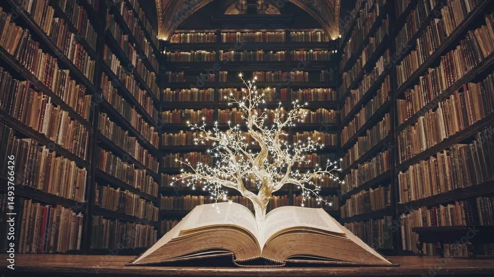 Poster a magical open book in a grand library with glowing pages. captured from a low angle, creating a cin