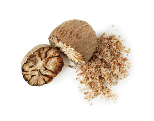 Halves of nutmeg and powder isolated on white, top view