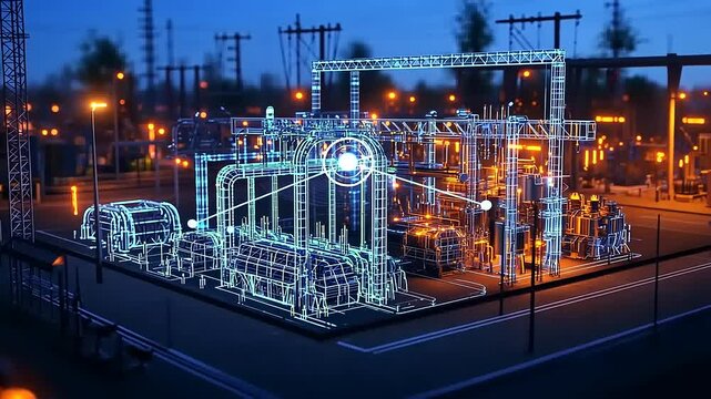 Futuristic blueprint overlay of an industrial power plant at dusk