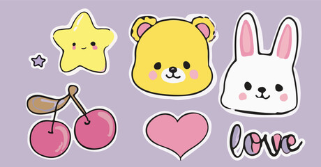 Cute vector illustration in kawaii cartoon style: smiling stars, animal faces, cherries, hearts, all outlined in white. Soft pastel colors: purple, pink, yellow dominate the palette.