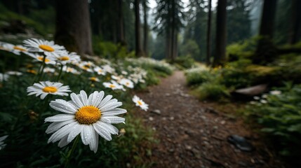   A picturesque path surrounded by lush white and yellow flora and towering trees in the distance