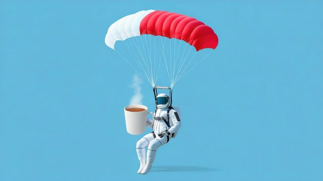 Parachutist with a huge cup of tea or coffee on a blue background.