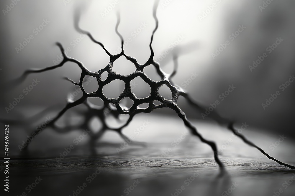 Poster abstract black and white image of a delicate, intricate, branching structure resembling a network or