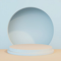 Minimalist 3d rendered product display platform stage with pastel blue and beige color scheme