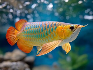Striking golden arowana glides through teal depths